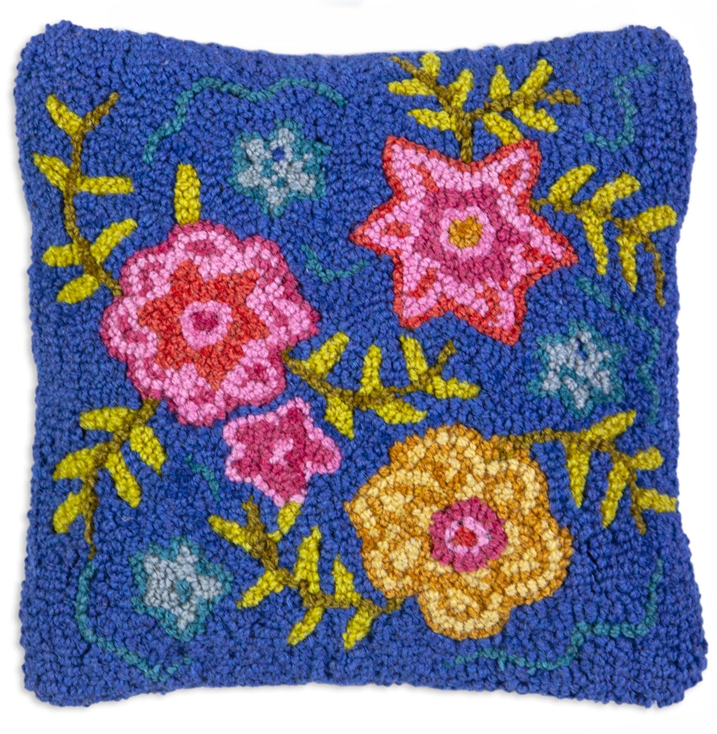 Hooked Wool Pillow - Spring Flowers - 14" x 14"