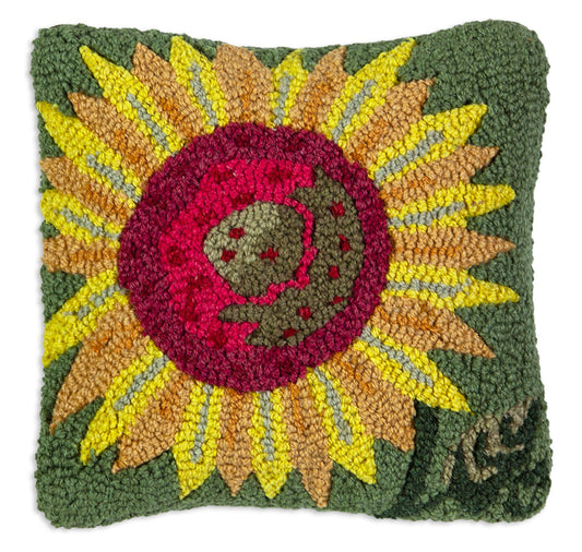 Hooked Wool Pillow - Single Sunflower - 14" x 14"