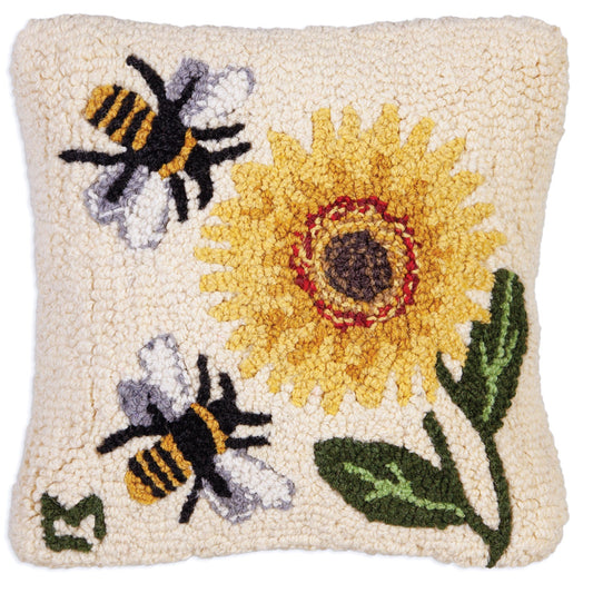 Hooked Wool Pillow - Sunflower Bees - 14" x 14"