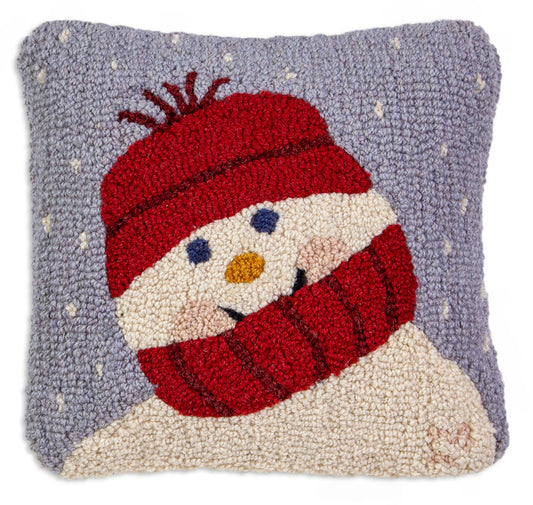 Hooked Wool Pillow - Sweet Little Snowman - 14" x 14"