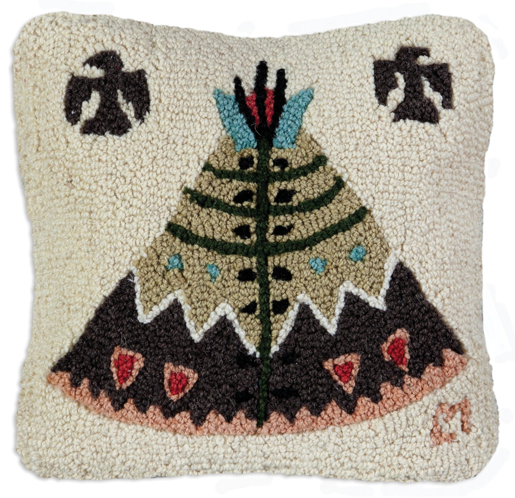 Hooked Wool Pillow - Teepee - 14" x 14"