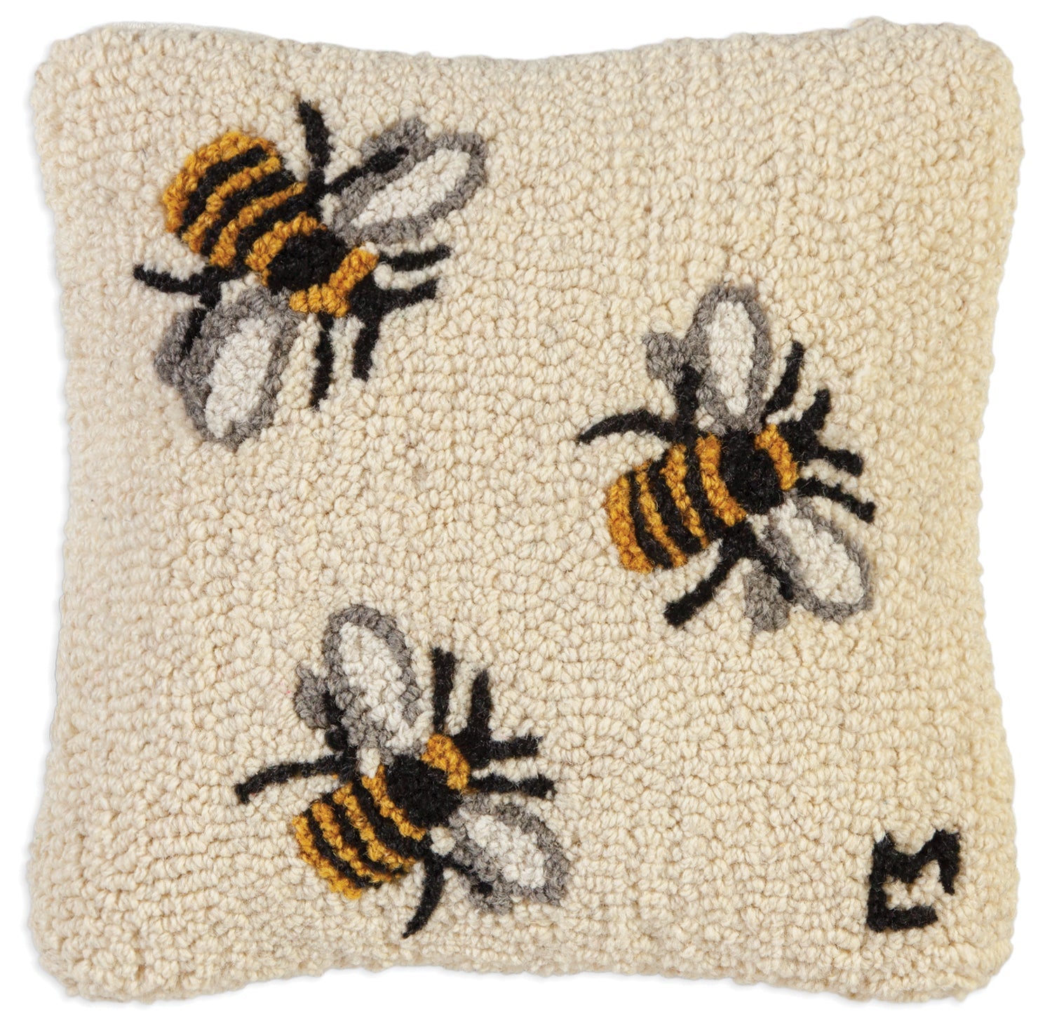 Hooked Wool Pillow - Three Bees - 14" x 14"