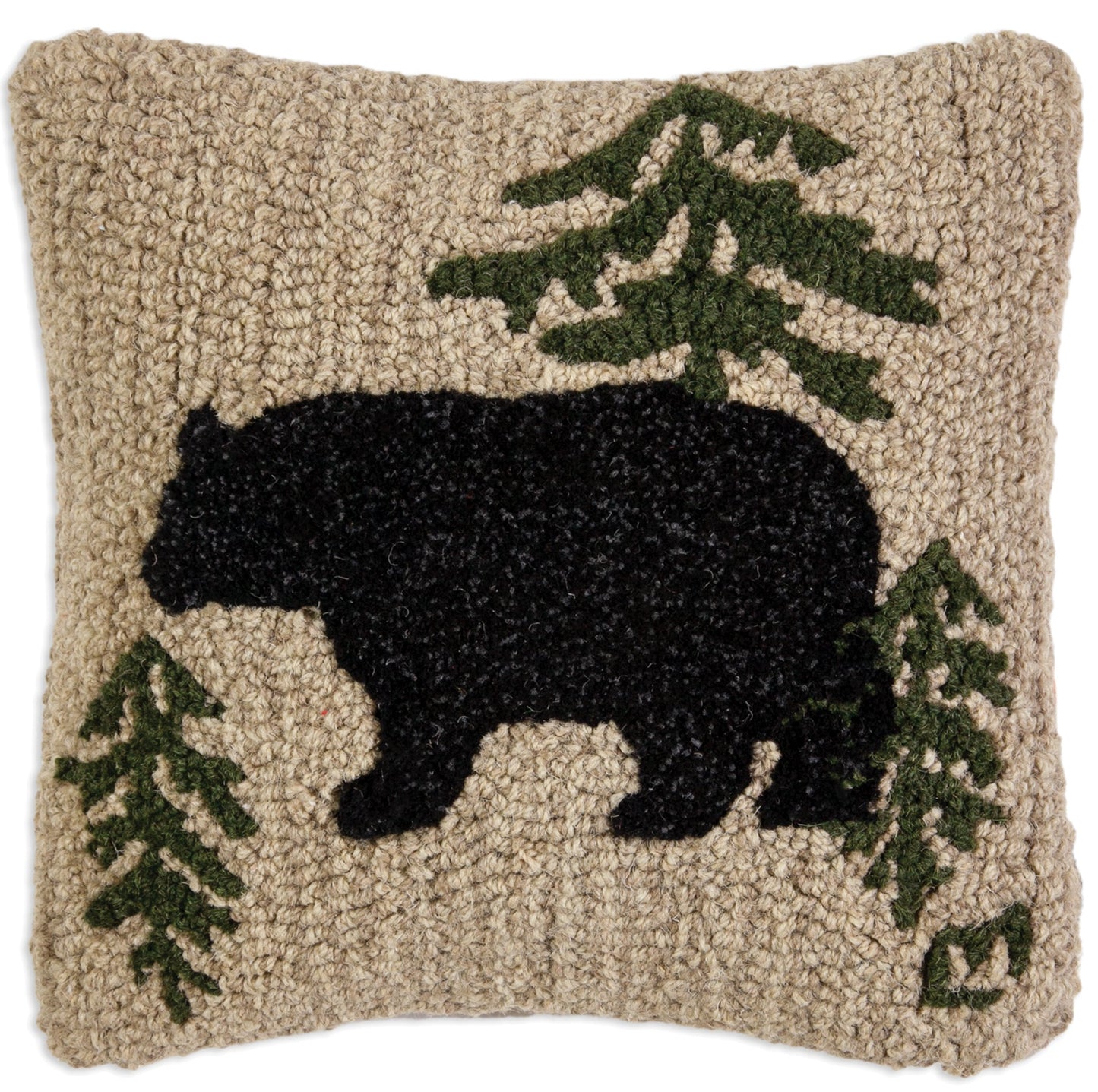 Hooked Wool Pillow - Wandering Bear On Tweed - 14" x 14"