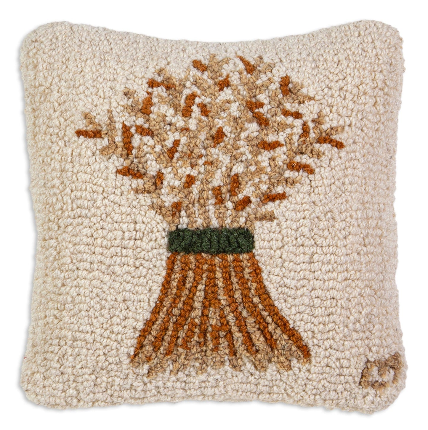 Hooked Wool Pillow - Wheat Sheaf - 14" x 14"