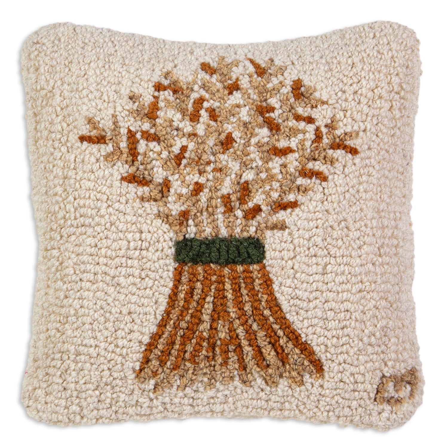 Hooked Wool Pillow - Wheat Sheaf - 14" x 14"