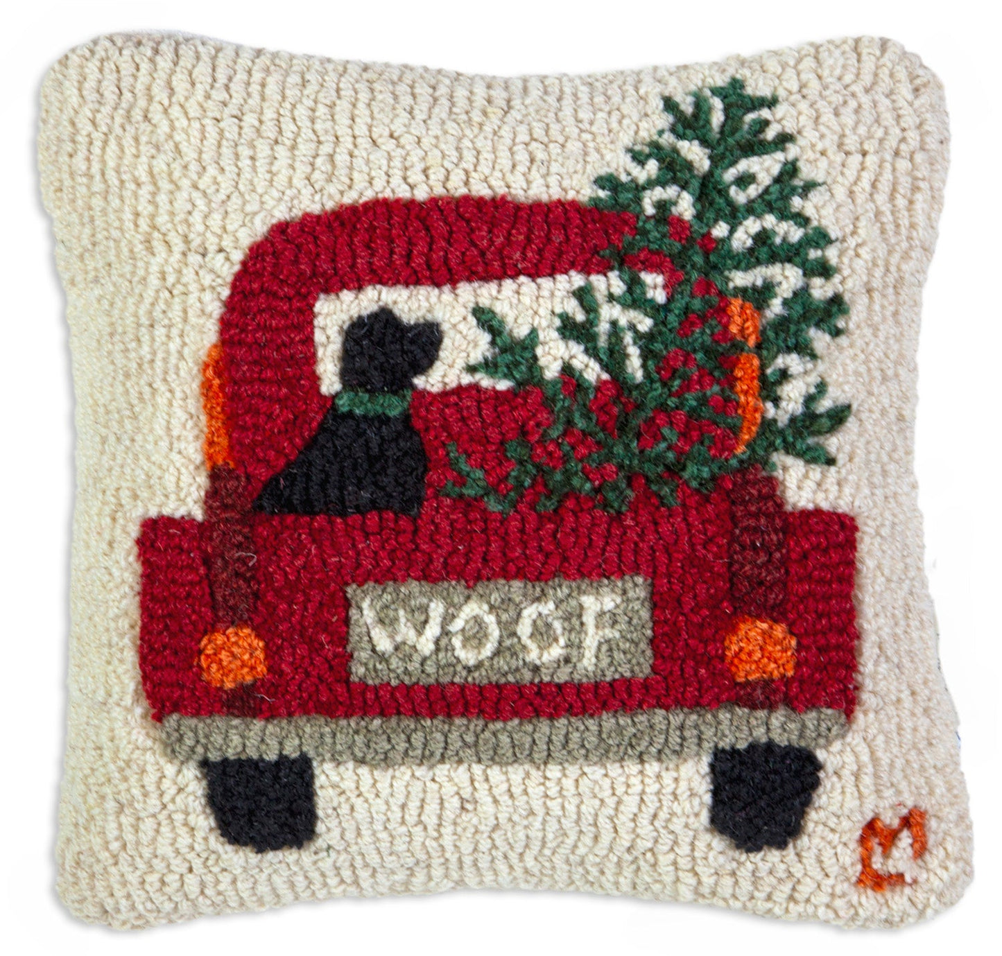 Hooked Wool Pillow - Woof Truck - 14" x 14"