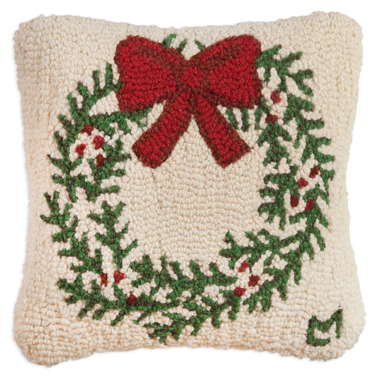 Hooked Wool Pillow - Christmas Wreath - 14" x 14"