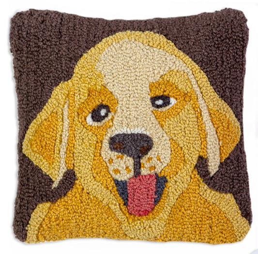 Hooked Wool Pillow - Yellow Lab Puppy - 14" x 14"