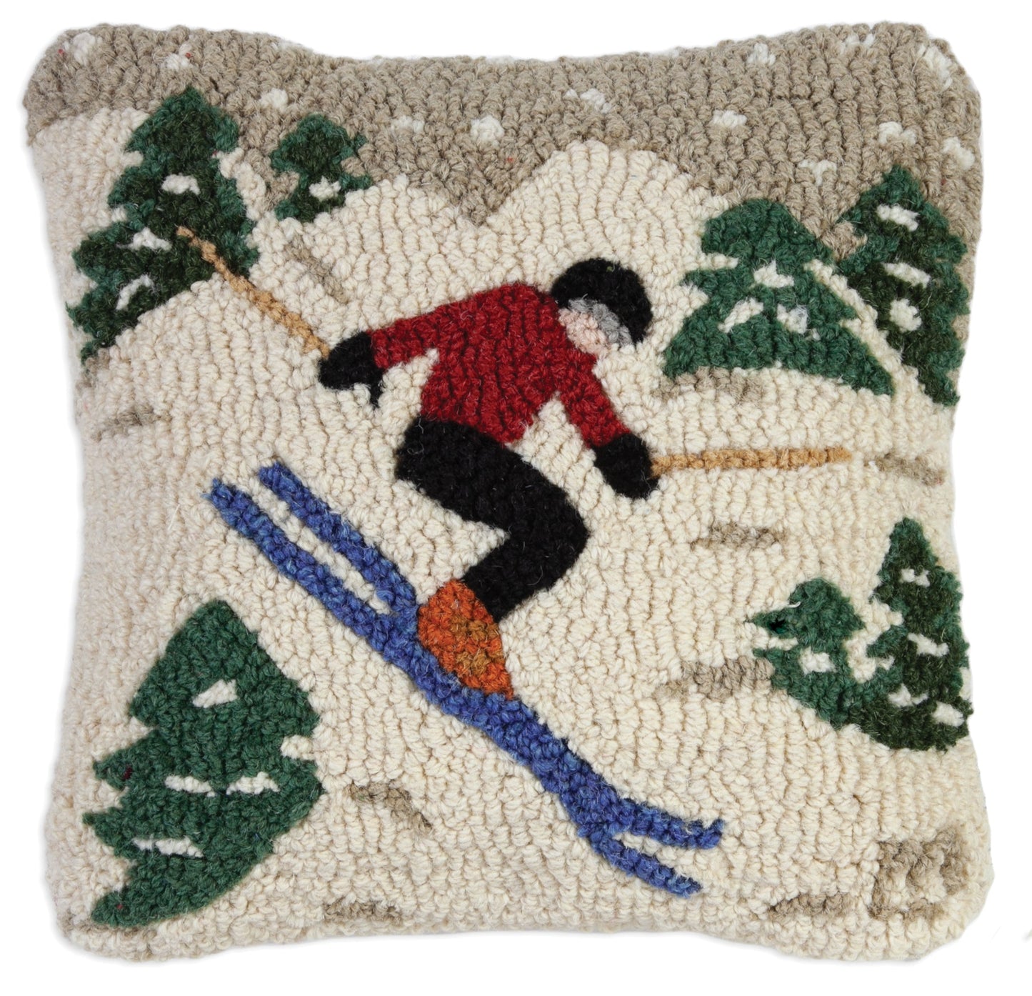 Hooked Wool Pillow - Yippee Skier - 14" x 14"