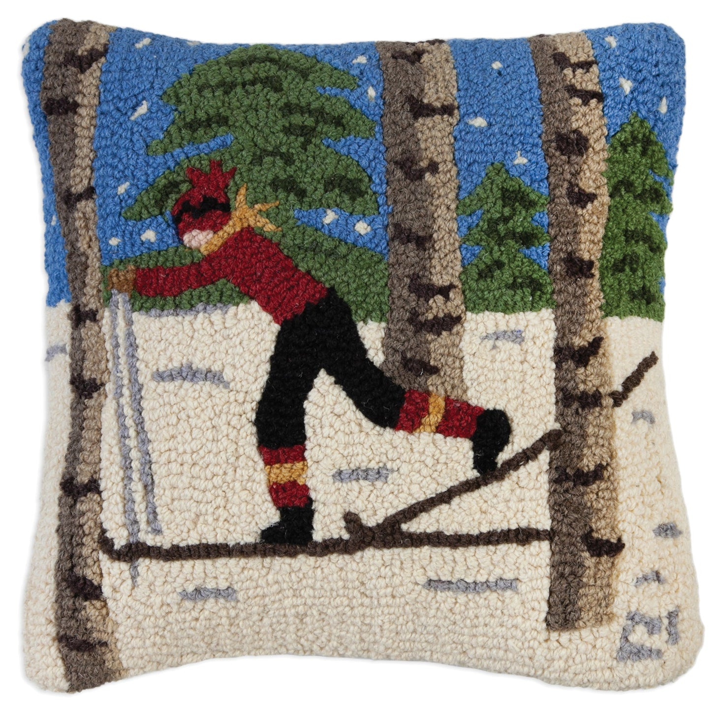 Hooked Wool Pillow - Dusk Back Country Skier - 18" x 18"