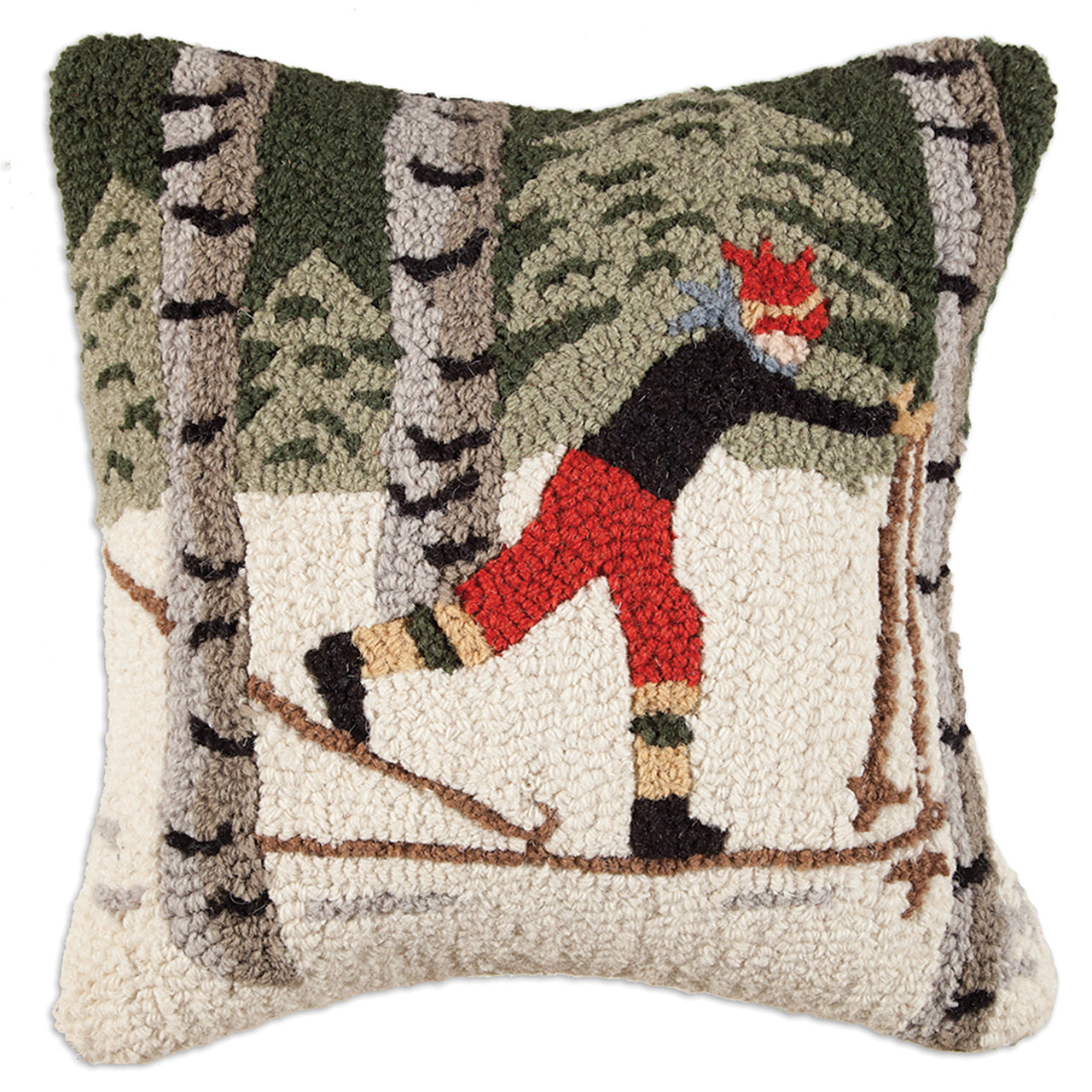 Hooked Wool Pillow - Back Country Skier - 18" x 18"