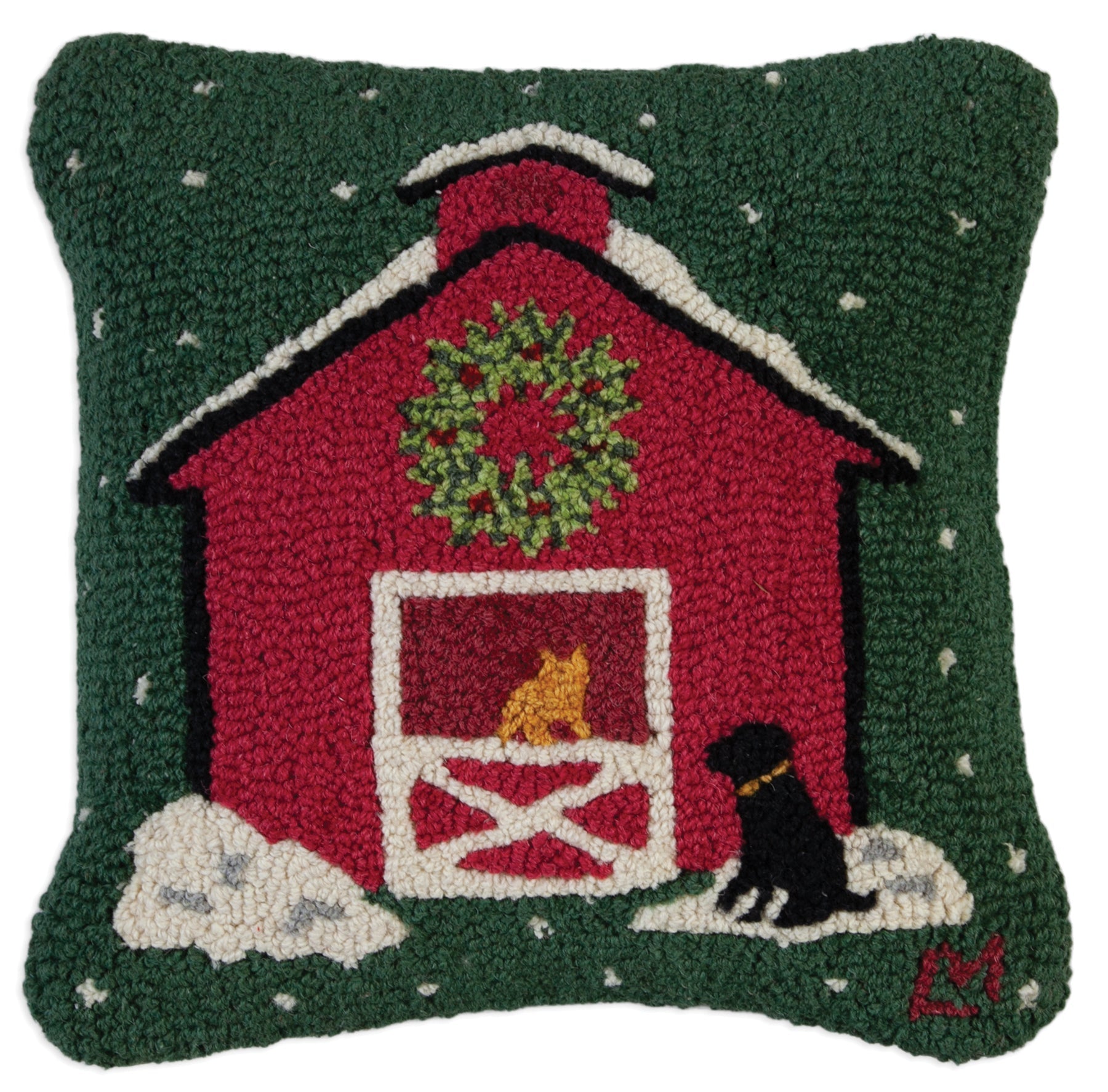 Hooked Wool Pillow - Christmas At The Barn - 18" x 18"