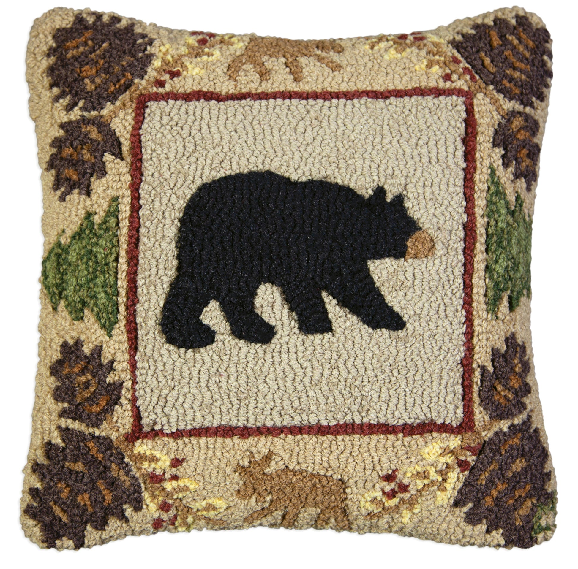 Hooked Wool Pillow - Northwoods Bear - 18" x 18"