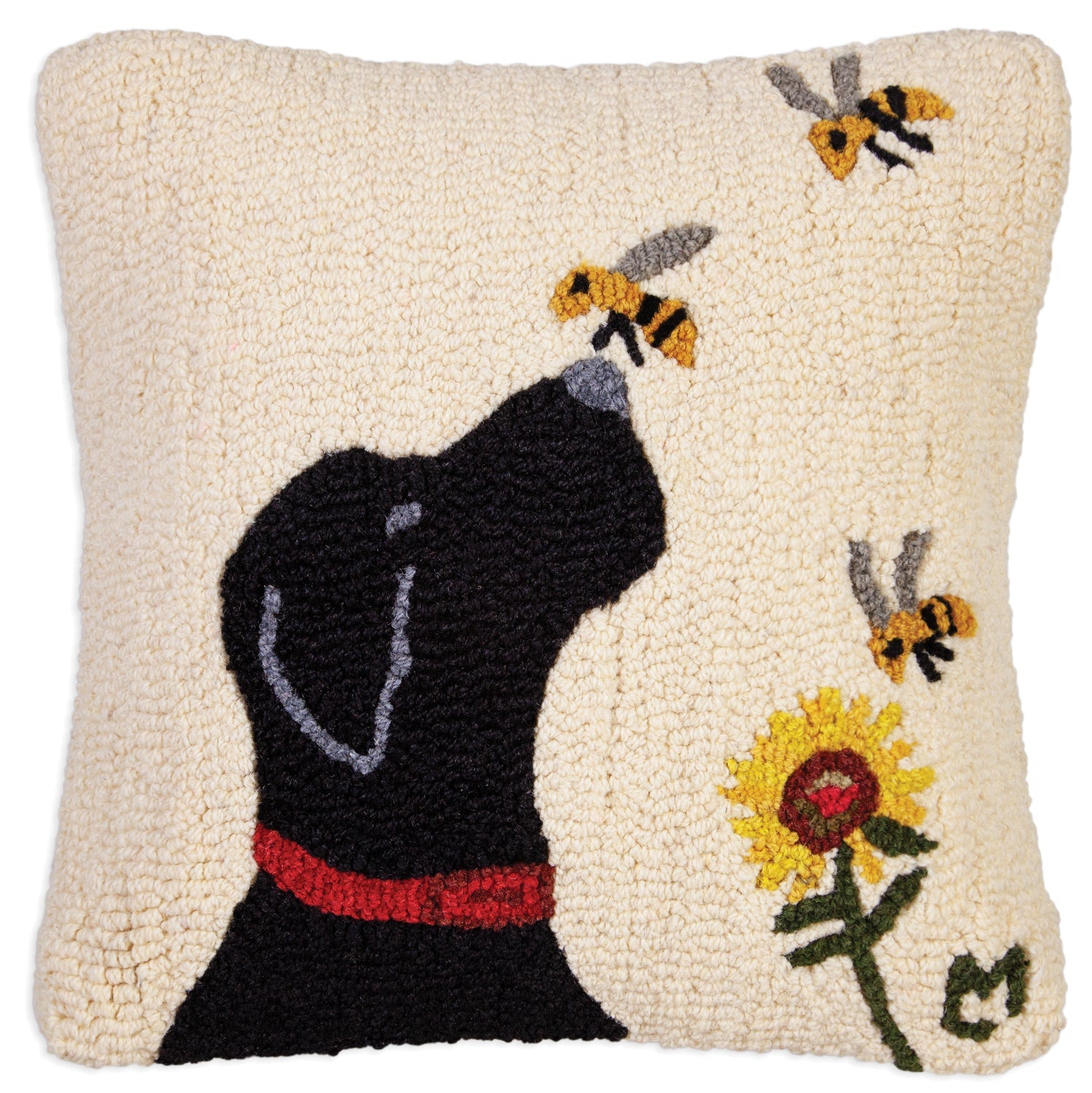 Hooked Wool Pillow - Black Lab with Bee And Flower - 18" x 18"