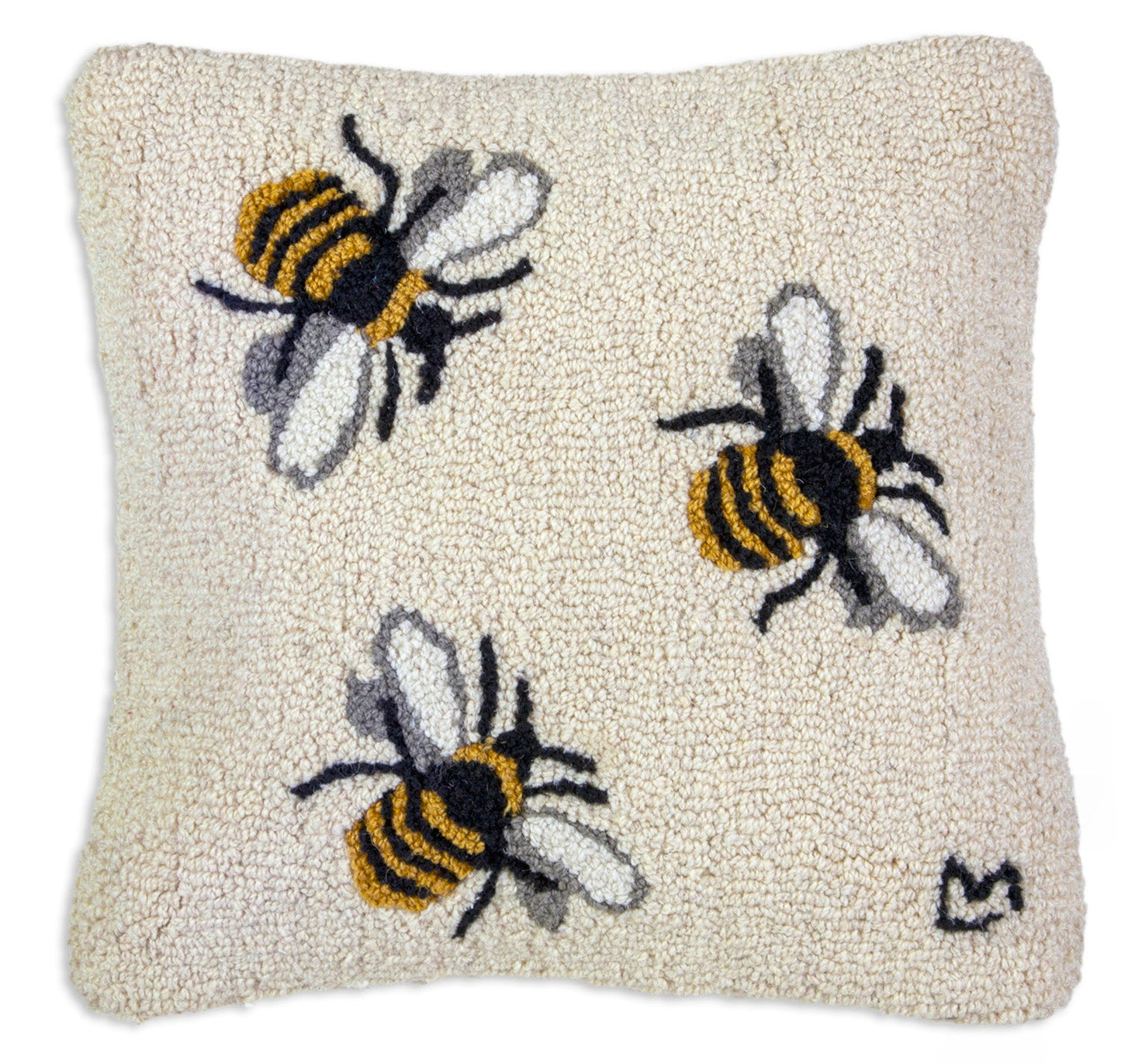 Hooked Wool Pillow - Three Bees - 18" x 18"