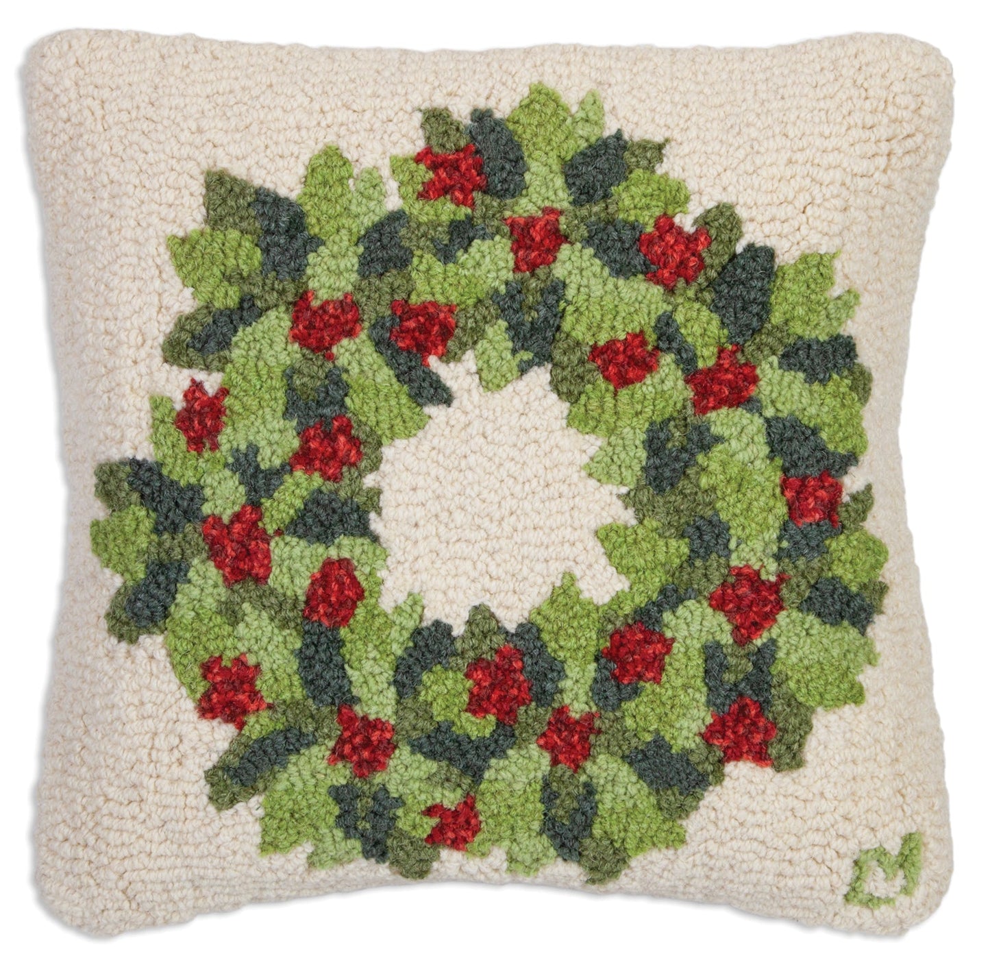 Hooked Wool Pillow - Berries And Leaves Wreath - 18" x 18"