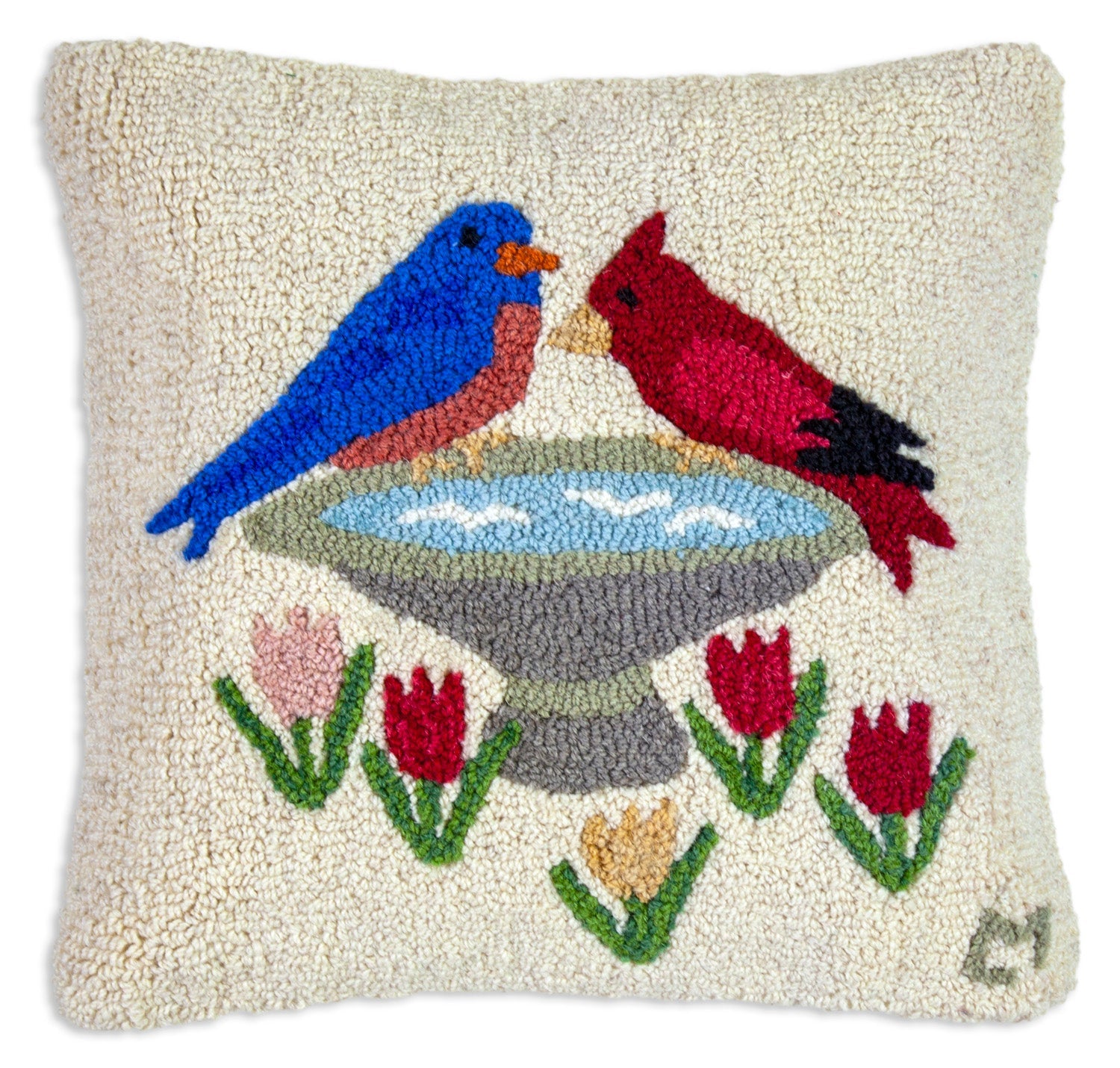 Hooked Wool Pillow - Birds Welcome - 18" x 18"