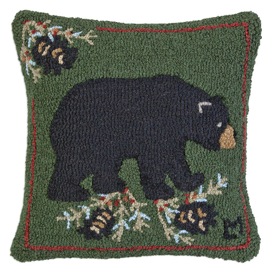 Hooked Wool Pillow - Black Bear With Cones - 18" x 18"