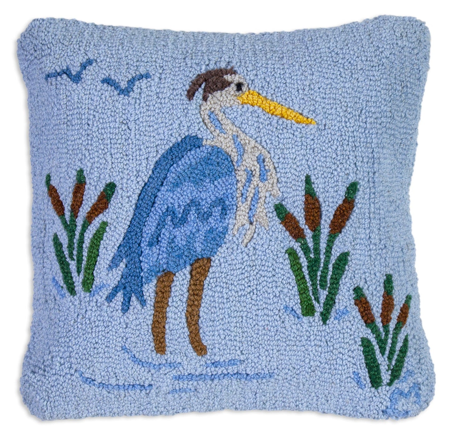 Hooked Wool Pillow - Blue Heron - 18" x 18"