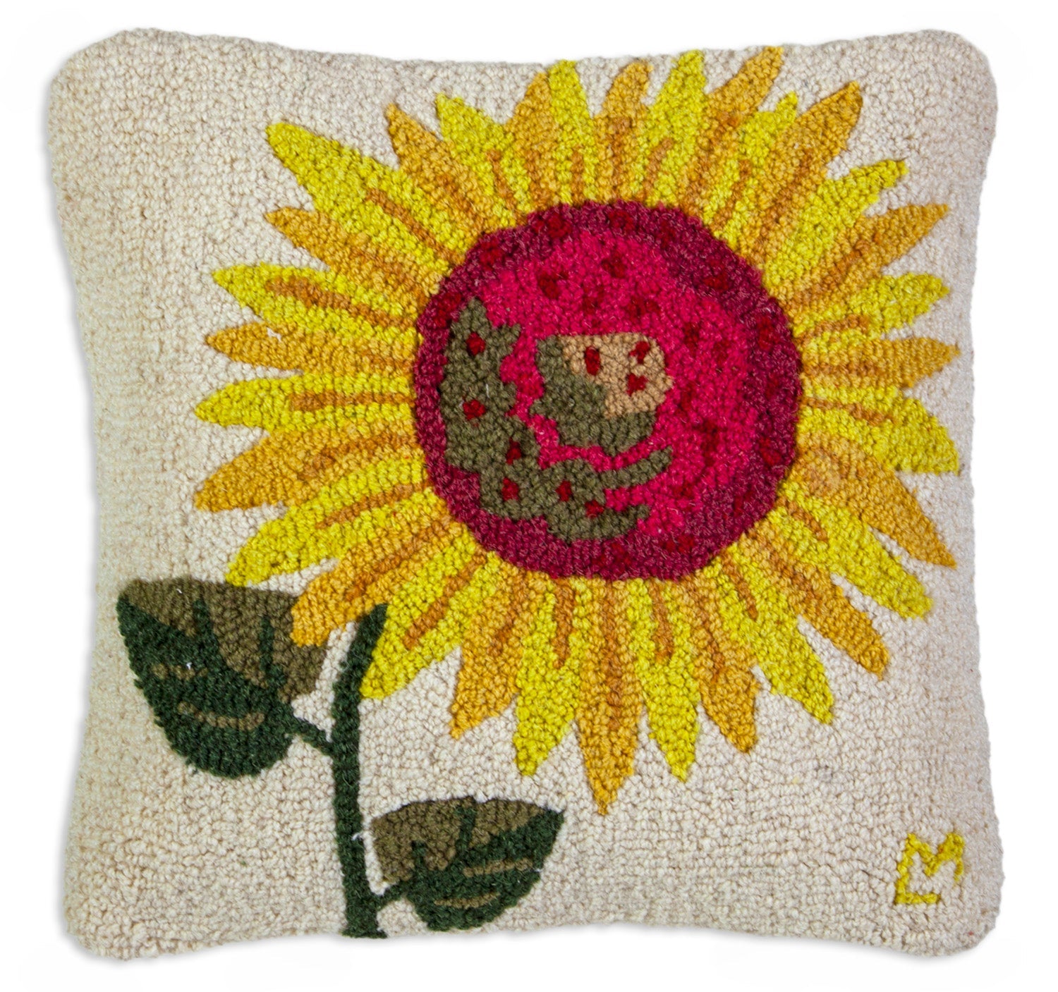 Hooked Wool Pillow - Bright Sunflower - 18" x 18"