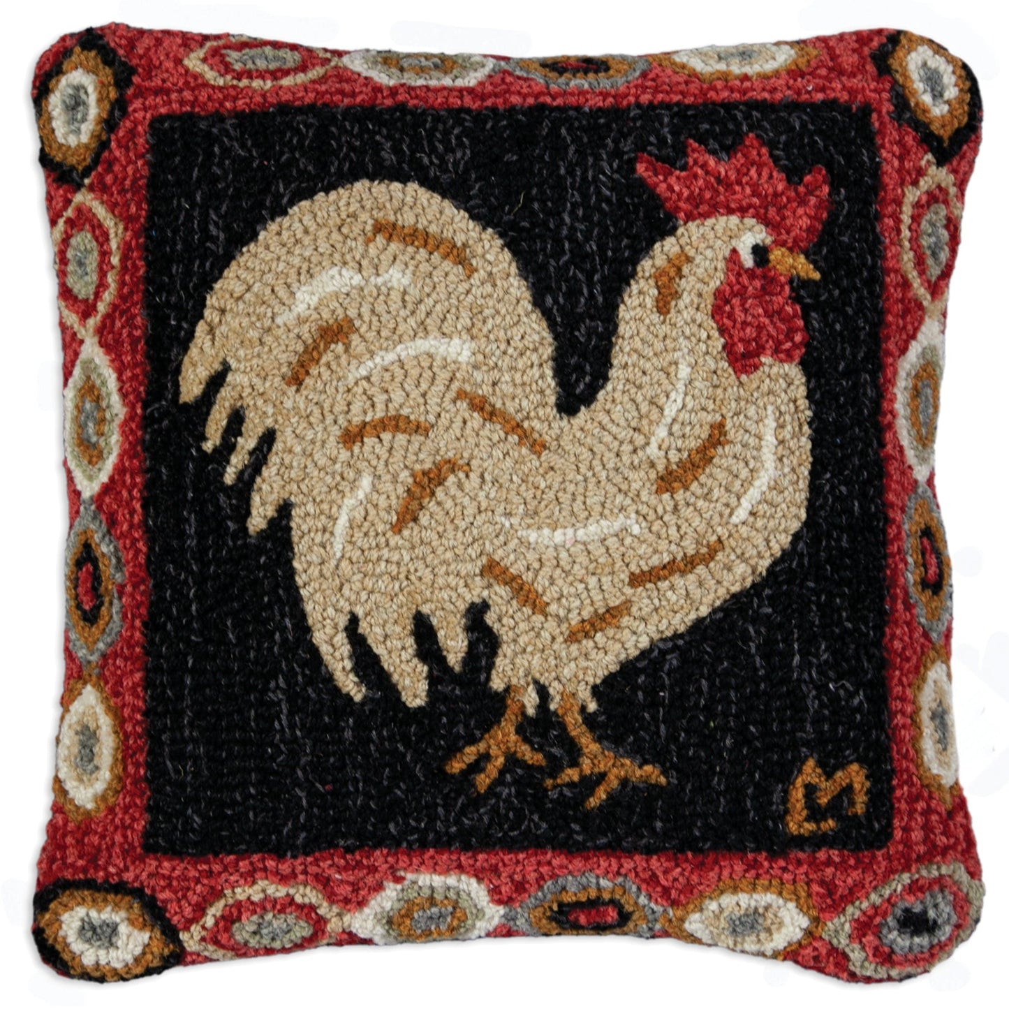 Hooked Wool Pillow - Brown Rooster - 18" x 18"