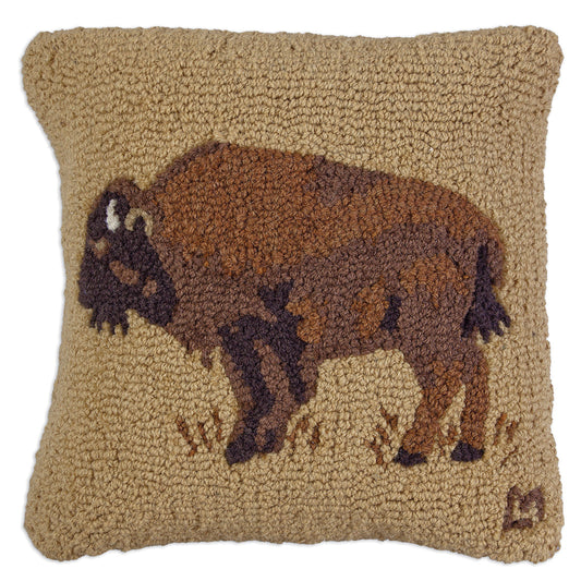 Hooked Wool Pillow - Buffalo On Gold - 18" x 18"