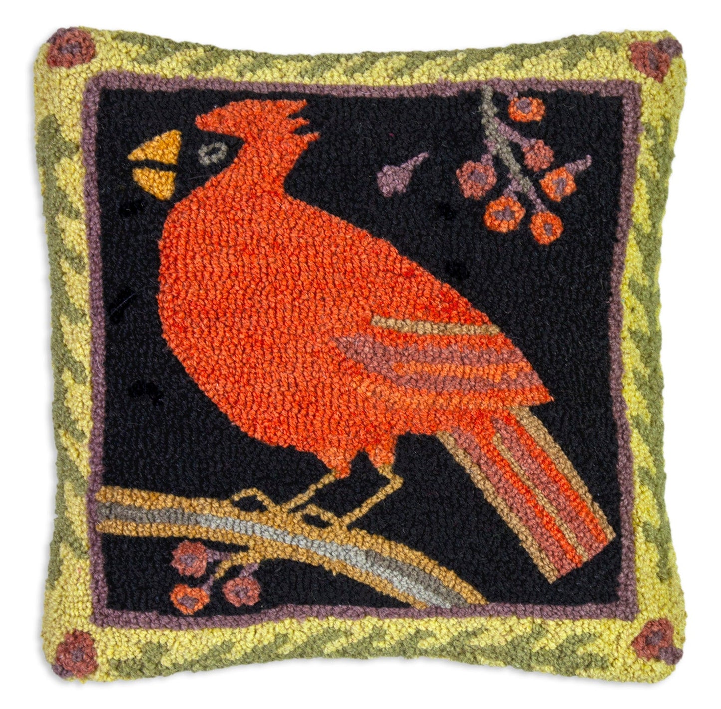 Hooked Wool Pillow - Cardinal And Berries - 18" x 18"