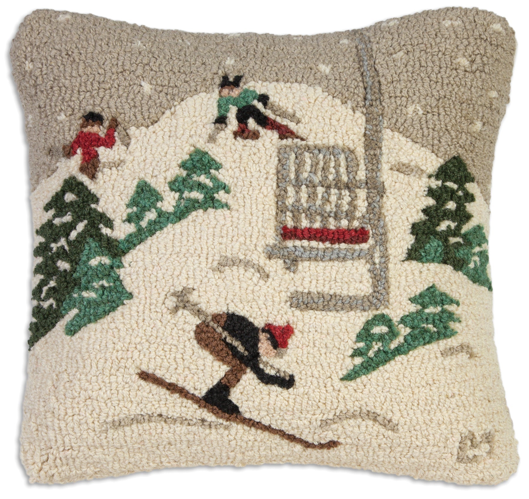 Hooked Wool Pillow - Single Chair Ski Lift - 18" x 18"