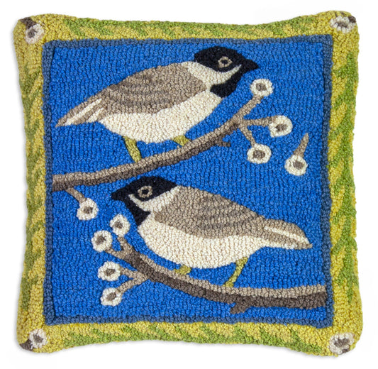 Hooked Wool Pillow - Chickadees On Branches - 18" x 18"