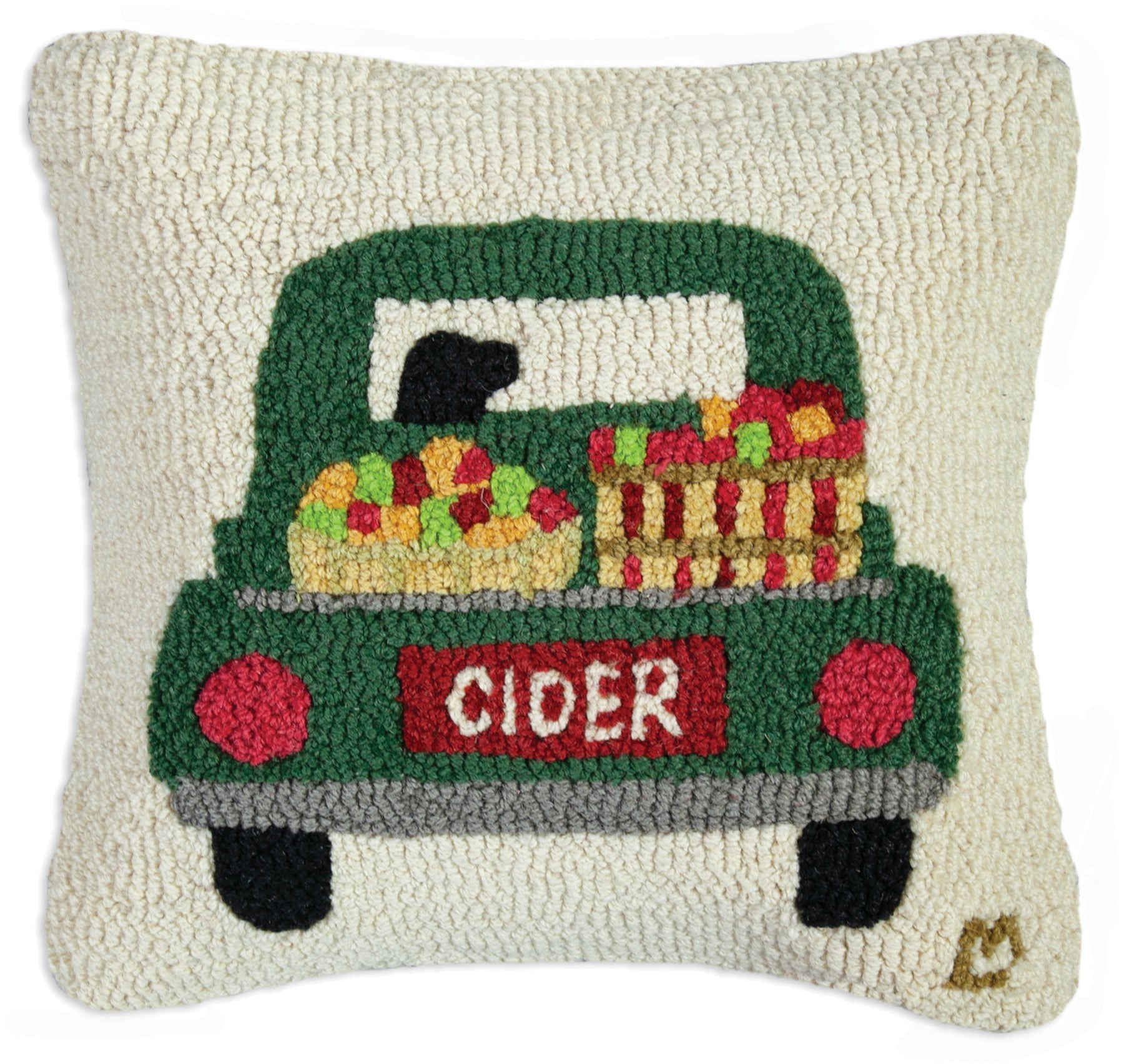 Hooked Wool Pillow - Cider Truck - 18" x 18"