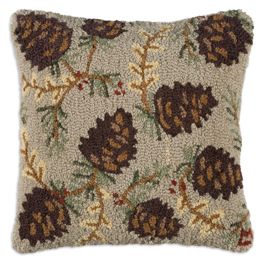 Hooked Wool Pillow - Northwoods Cones - 18" x 18"