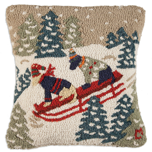 Hooked Wool Pillow - Daring Dogs - 18" x 18"