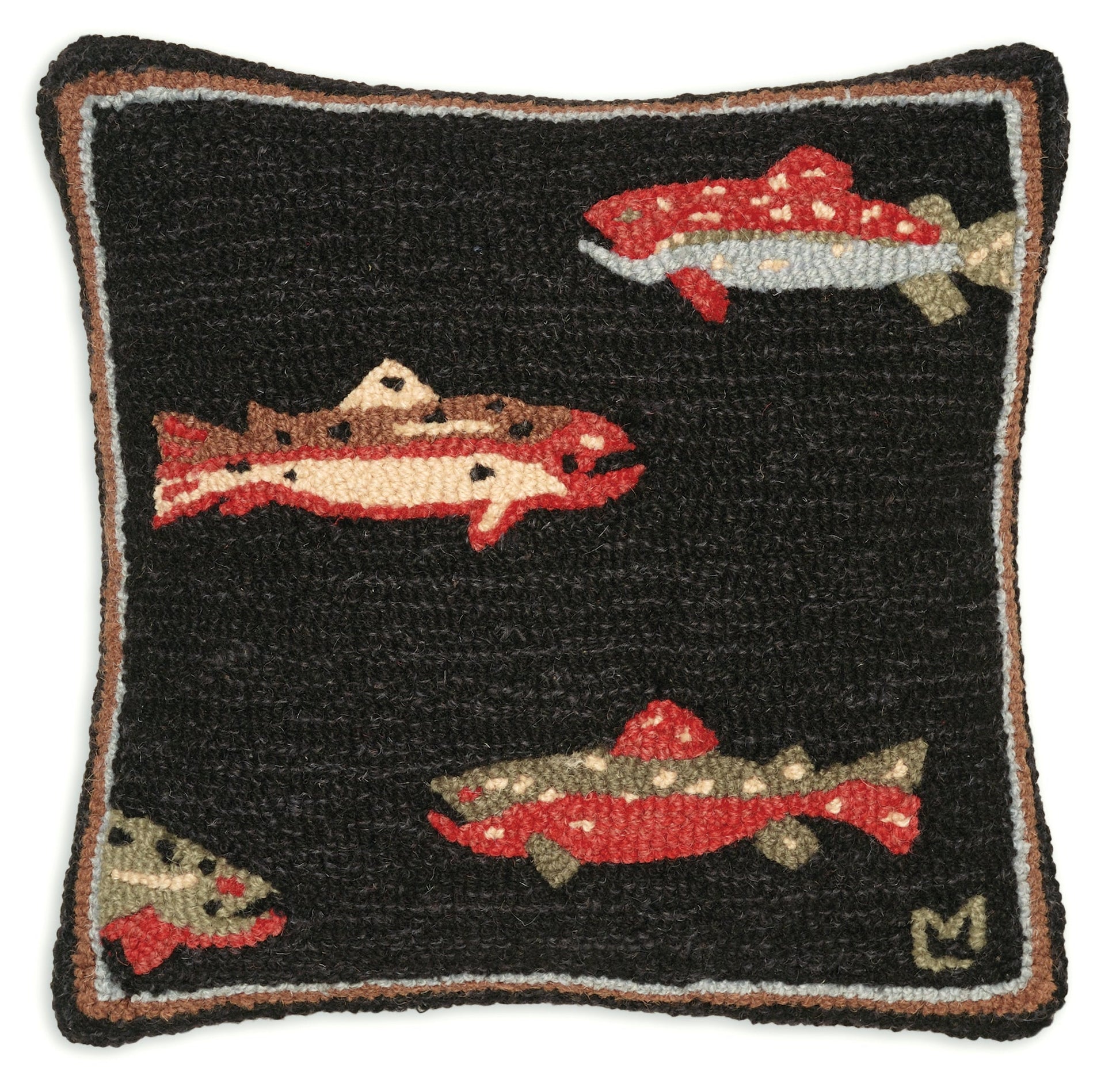 Hooked Wool Pillow - Trout - 18" x 18"