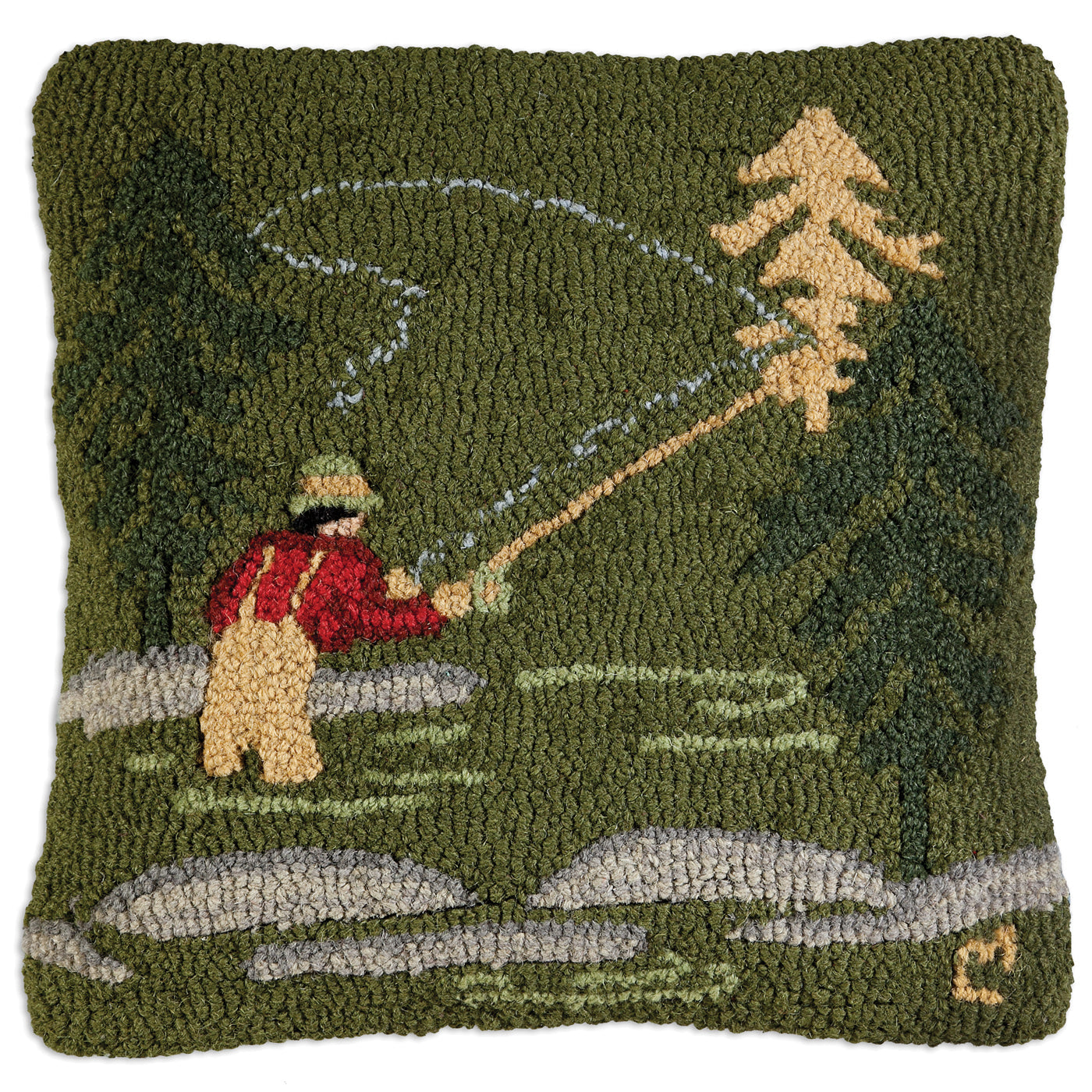 Hooked Wool Pillow - Fly Fisherman - 18" x 18"