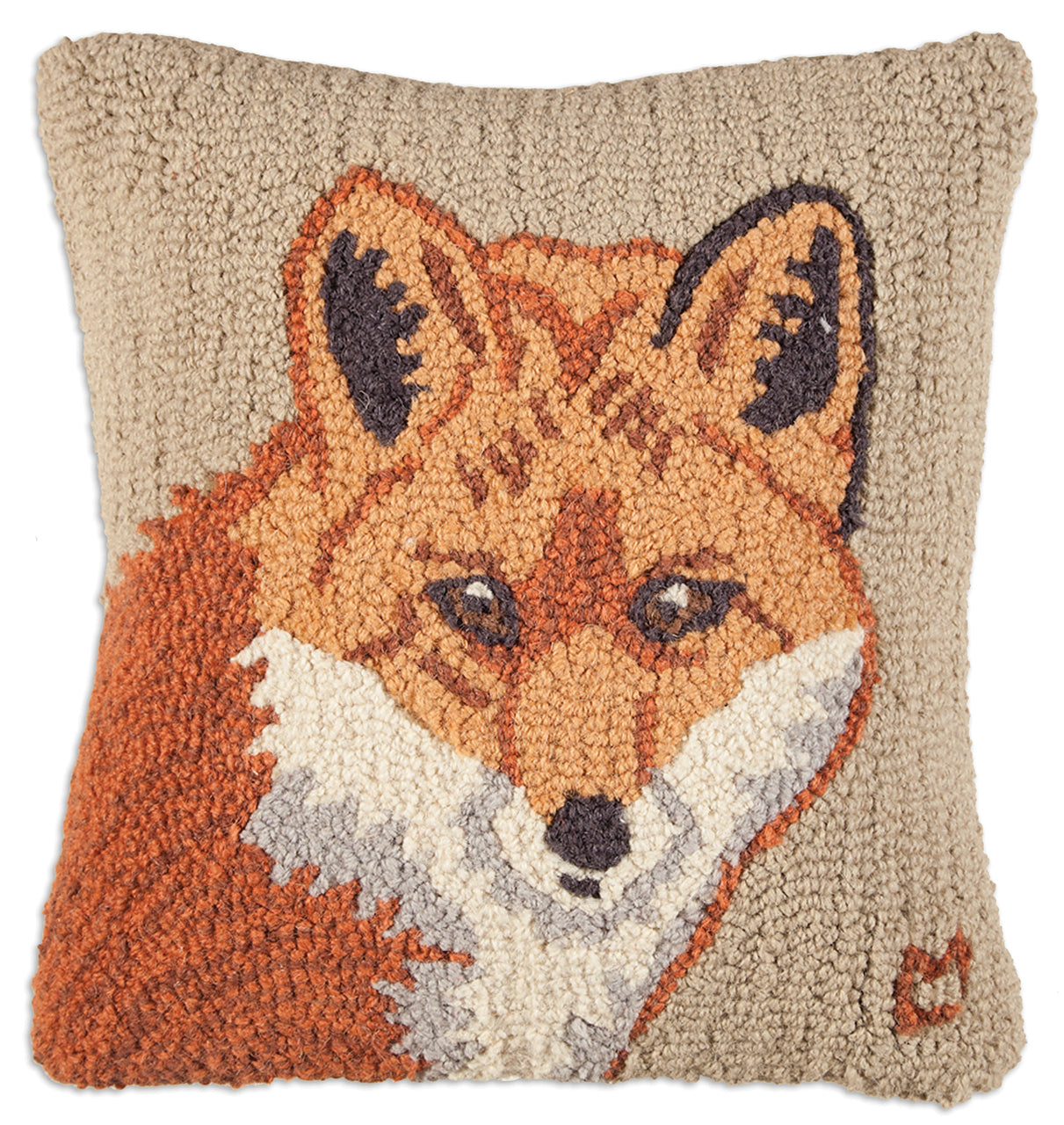 Hooked Wool Pillow - Fox Face - 18" x 18"