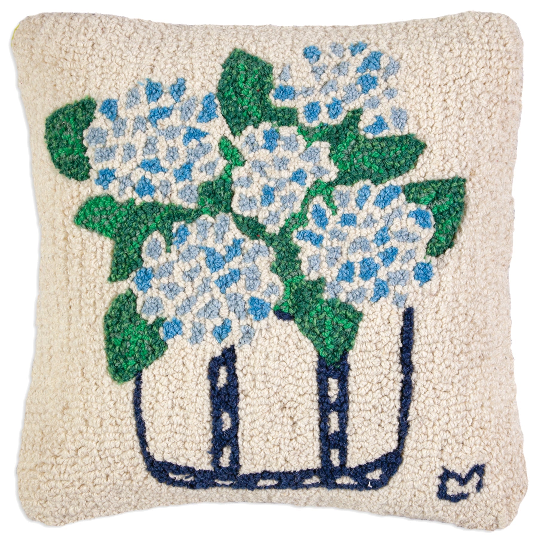 Hooked Wool Pillow - Hydrangea Tote - 18" x 18"