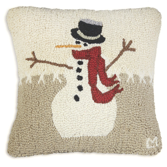 Hooked Wool Pillow - Snowman In Stitches - 18" x 18"