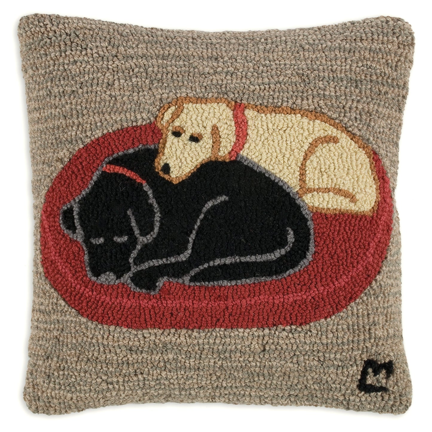 Hooked Wool Pillow - Jack And Jill On Dog Bed - 18" x 18"