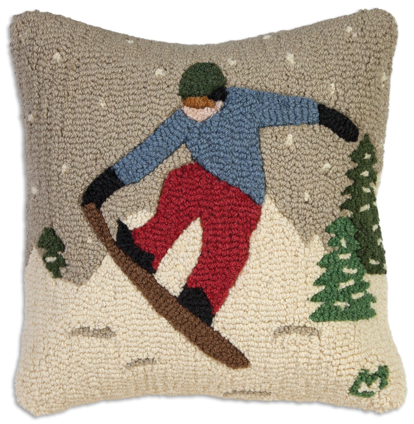 Hooked Wool Pillow - Look Ma! Snowboarder 18 x 18