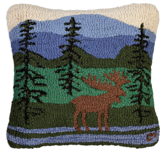 Hooked Wool Pillow - Mountain Moose - 18" x 18"