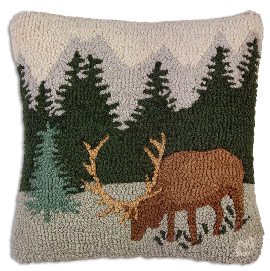 Hooked Wool Pillow - Mountain Elk - 18" x 18"