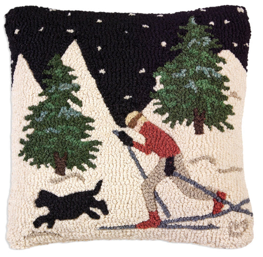 Hooked Wool Pillow - Night Skiing With Dog - 18" x 18"