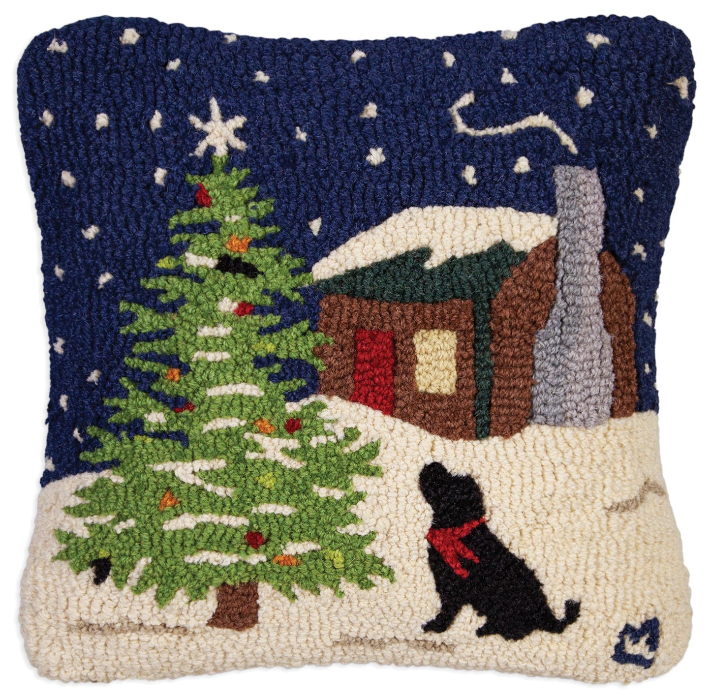 Hooked Wool Pillow - Outdoor Tree With Dog - 18" x 18"