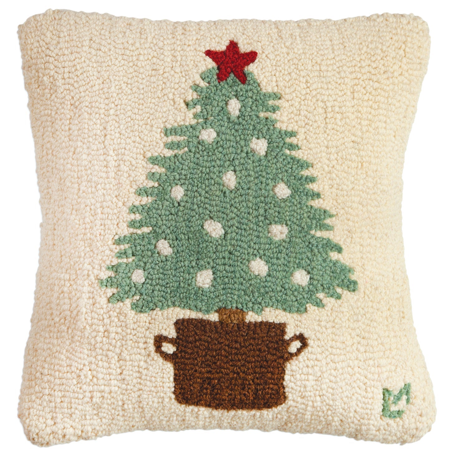 Hooked Wool Pillow - Potted Tree - 18" x 18"