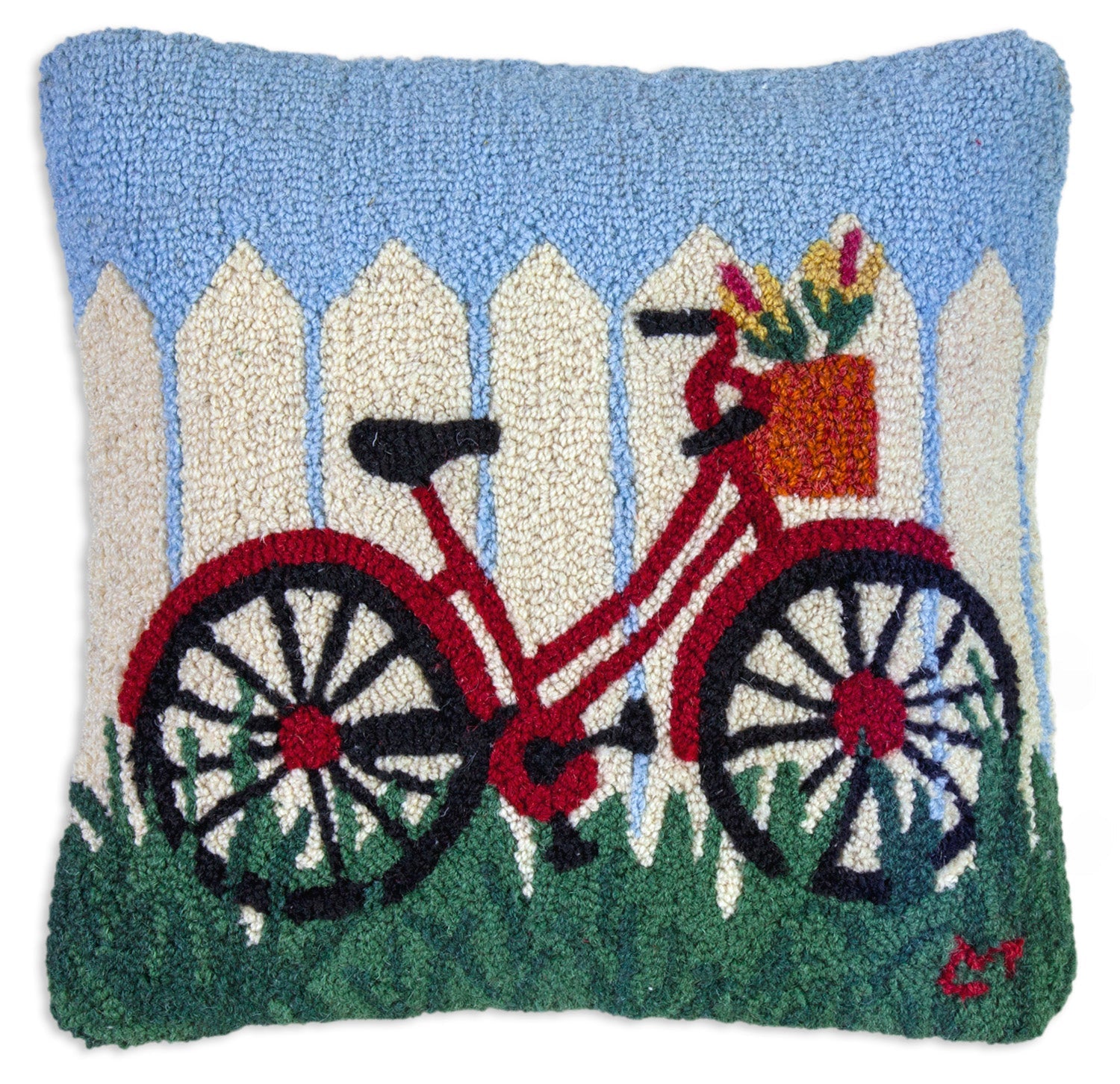 Hooked Wool Pillow - Red Bike - 18" x 18"