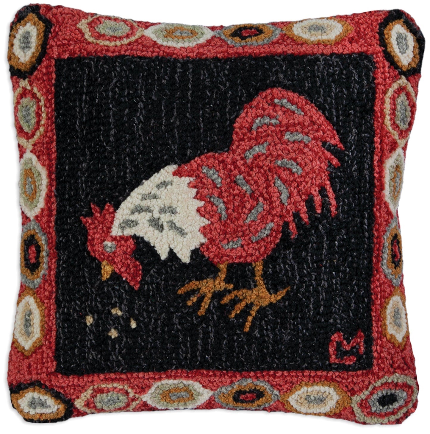 Hooked Wool Pillow - Red Rooster - 18" x 18"