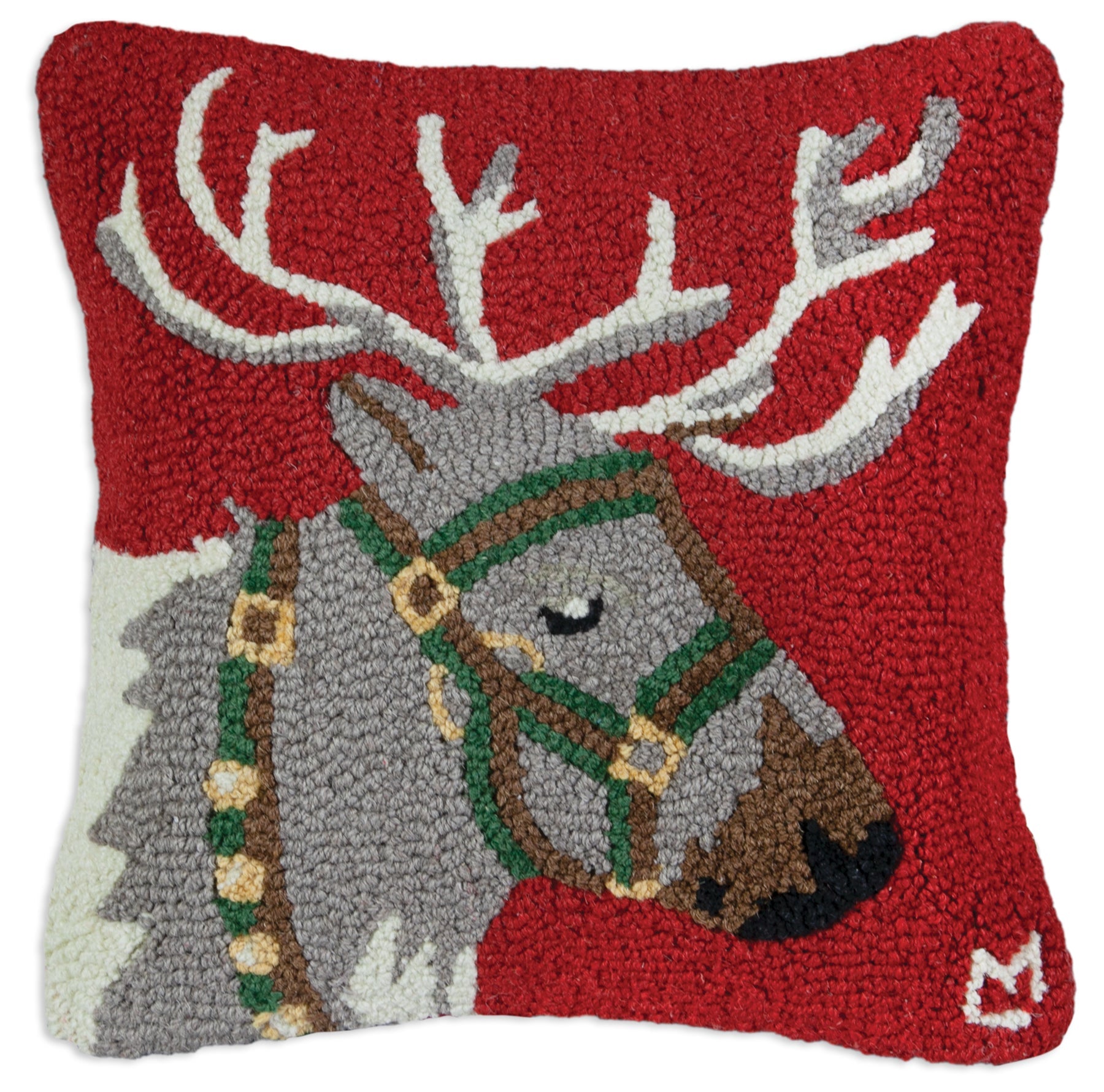 Hooked Wool Pillow - Reindeer - 18" x 18"