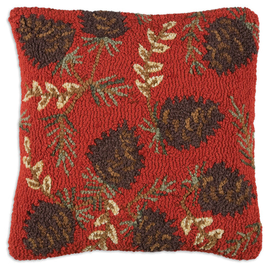 Hooked Wool Pillow - Ruby Pinecones - 18" x 18"