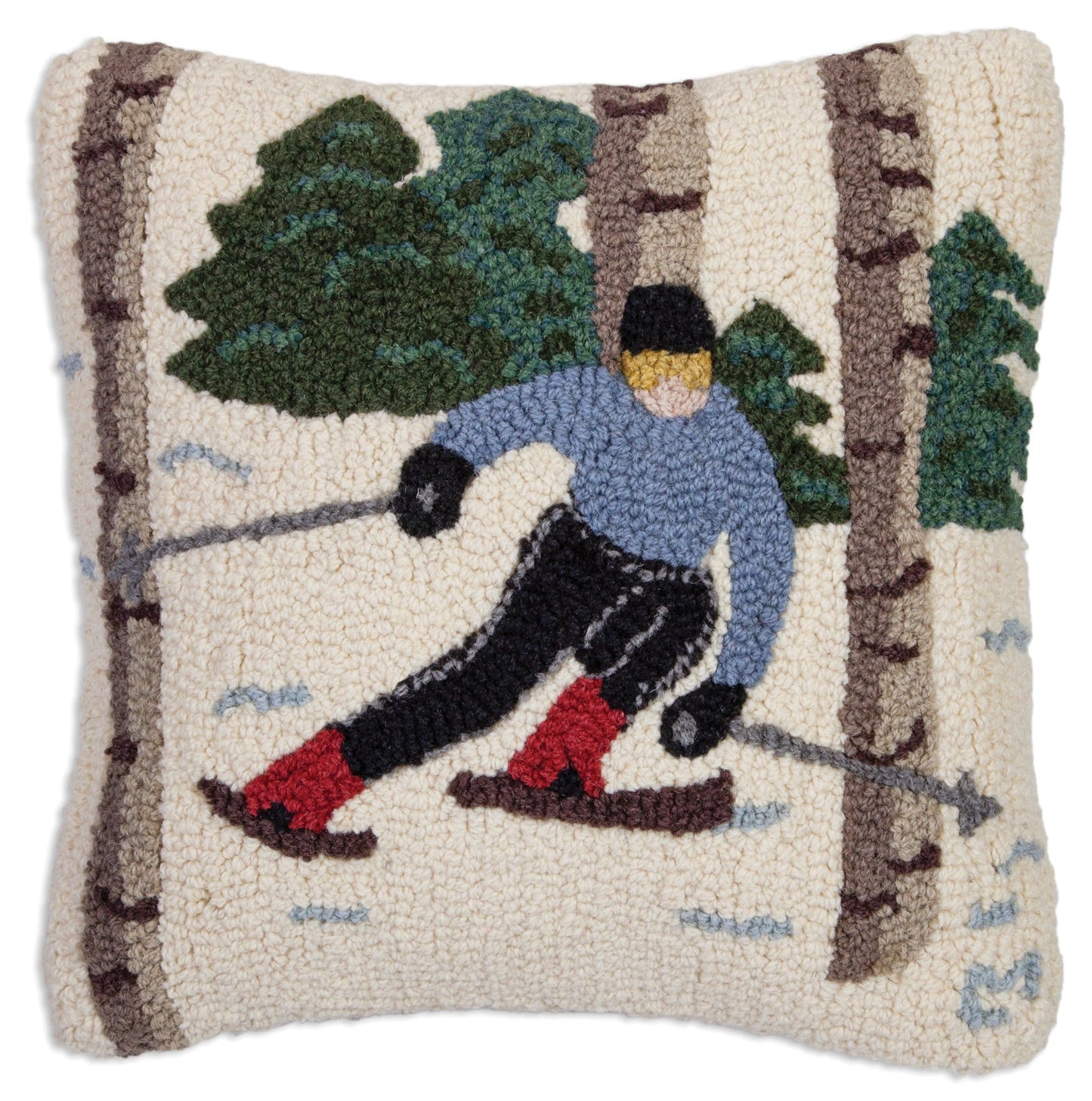 Hooked Wool Pillow - Skiing In The Trees - 18" x 18"