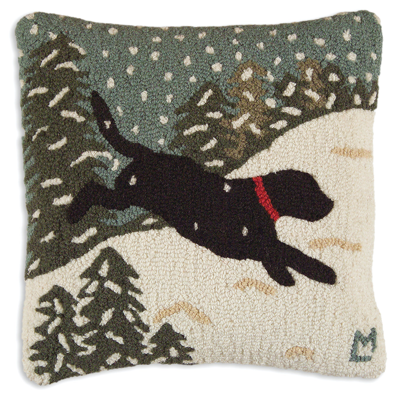 Hooked Wool Pillow - Snow Dog - 18" x 18"